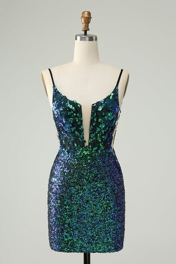 Vestido de fiesta corto ajustado con lentejuelas y tirantes finos brillantes de color verde oscuro